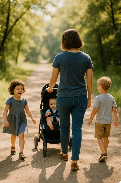 Mom and 3 kids taking a walk in Pam Rumley's World