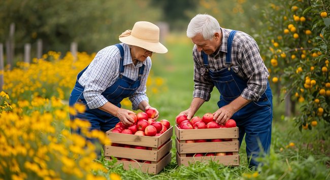 Photo of a Couple gathering apples for self sufficiency relating to a self-sufficient lifestyle