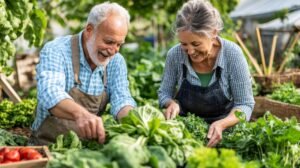 Mature couple living a self-sufficient lifestyle in the garden
