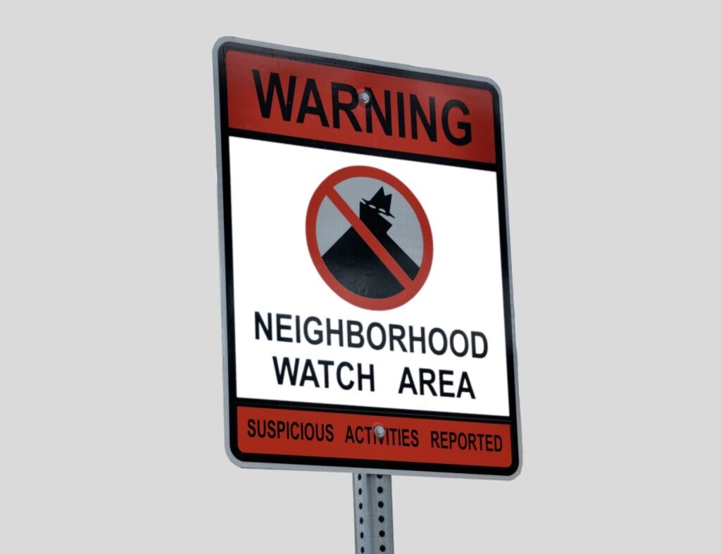 Safe suburban neighborhood participating in a community watch program