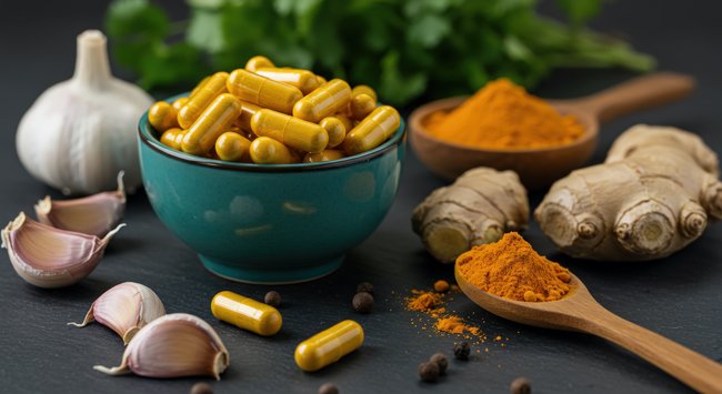 Photo of Curcumin supplements and powder relating to curcumin, a health powerhouse