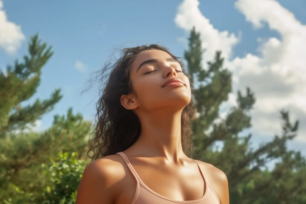 Young lady deep breathing in fresh air