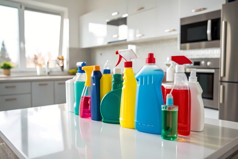 Photo showing Various environmental toxins (household cleaners) on a countertop relating to environmental toxins