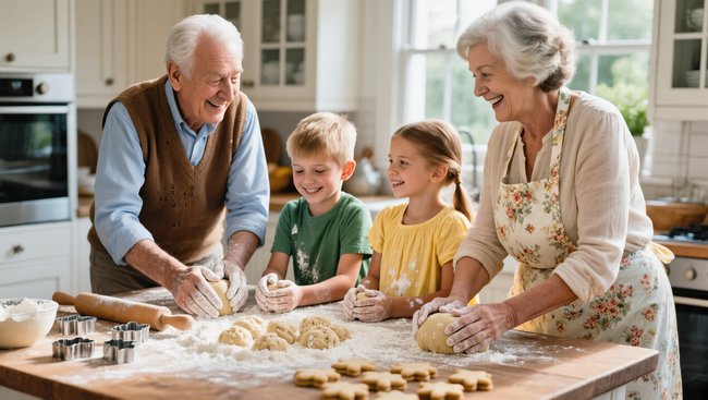 Photo of Grandparents and Grandchildren making cookies relating to spending time with grandchildren