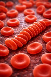 Red blood cells stacked in rouleaux formation under a microscope showing their biconcave disc shape