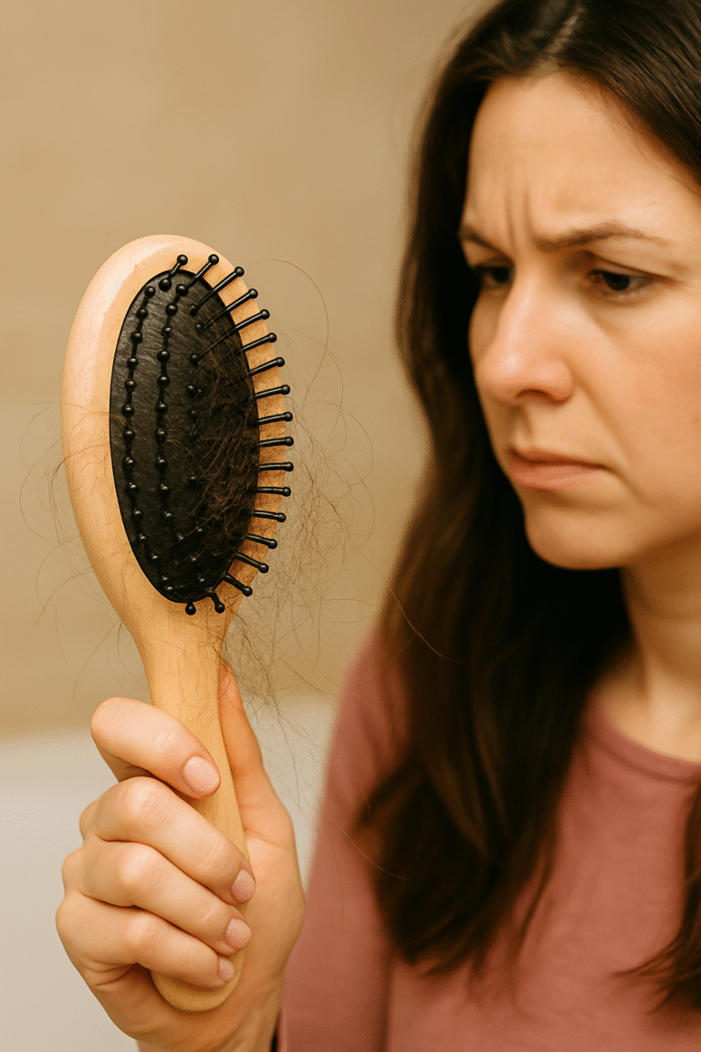 Woman with hair loss looking at the brush loaded with her hair.