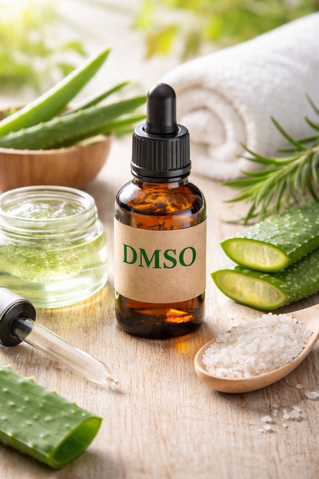 Amber bottle of DMSO with aloe vera gel and natural ingredients used for topical pain relief and inflammation support