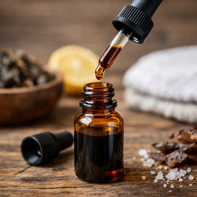 Lugol’s iodine drops in amber glass bottle with dropper used as an iodine supplement for thyroid health and iodine deficiency