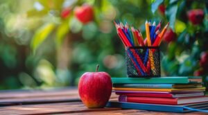 Books, Coloring pencils and an apple on a table.