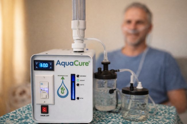 Photo of man taking a Brown's Gas treatment related to increased hydrogen/oxygen in the body