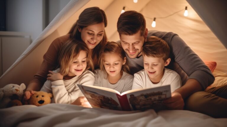 Photo showing a family in a tent working in family activity books related to family activity books