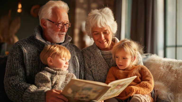 Photo showing Grandparents reading to grandchildren related to starting a keepsake journal your grandkids will cherish