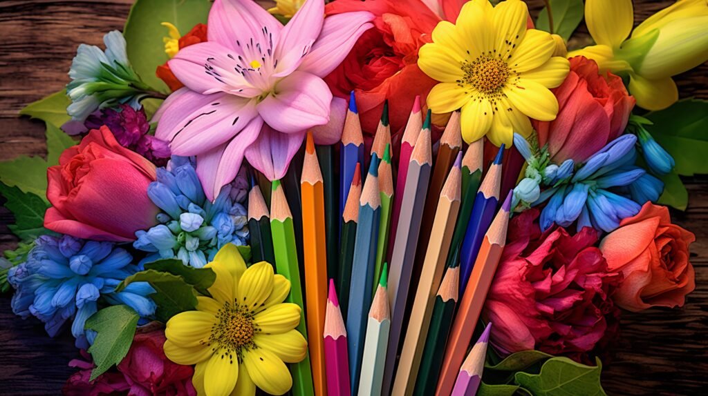 Why Adult Coloring Books Work main photo of various colors of flowers and coloring pencils.