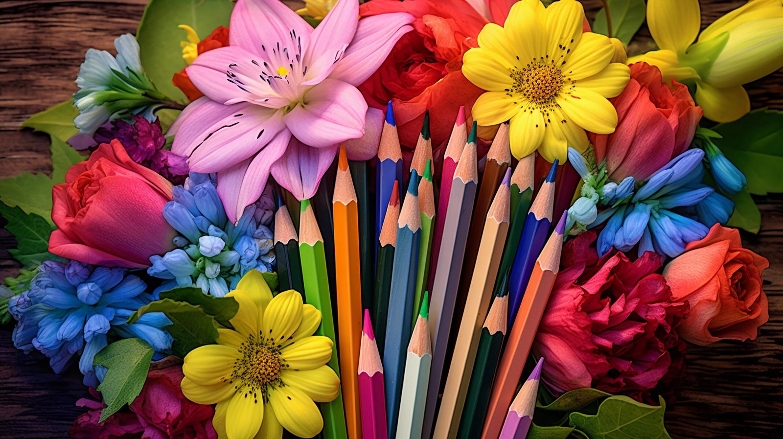 Why Adult Coloring Books Work main photo of various colors of flowers and coloring pencils.