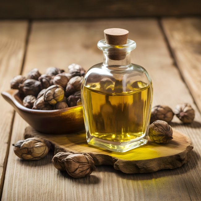Photo of a Bottle of Castor Oil and Castor Beans on a counter relating to castor oil for seniors
