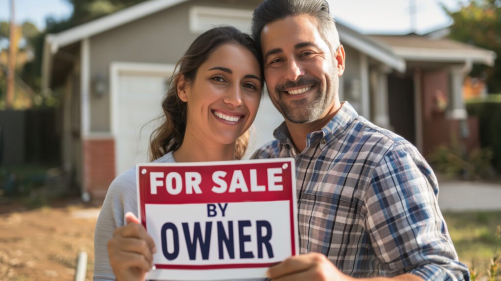 Couple standing in front of their for sale by owner house