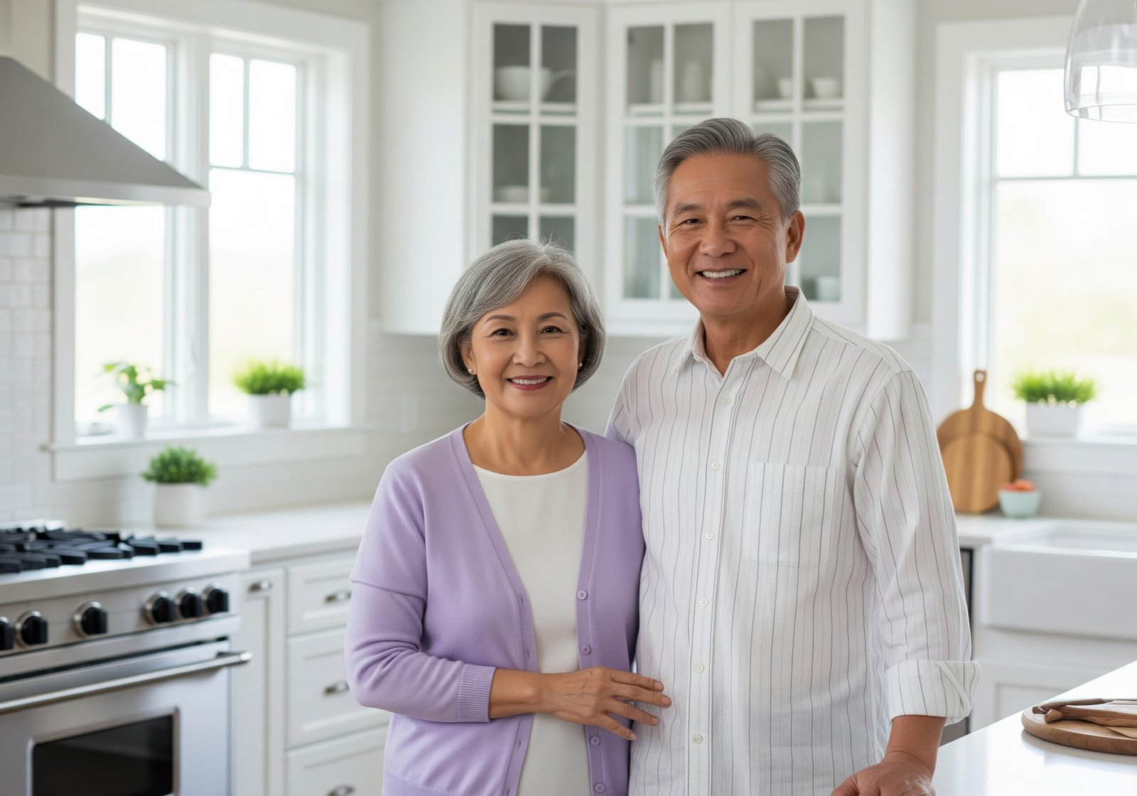 Happy, healthy senior couple standing in their kitchen.
