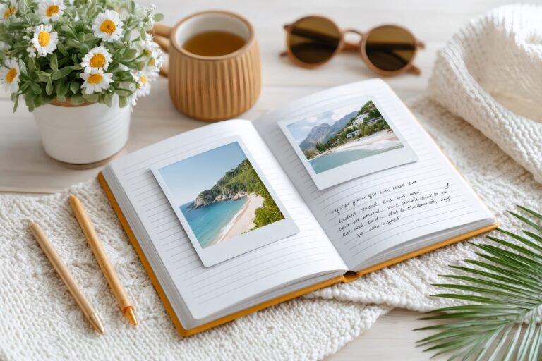 Photo showing book on a table with flowers and coffee relating to keepsake journals, preserving memories that matter.