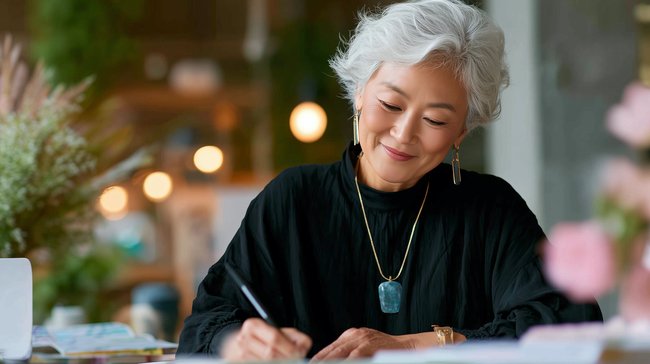 Photo of a Mature woman writing in a Legacy Journal relating to keepsake journals