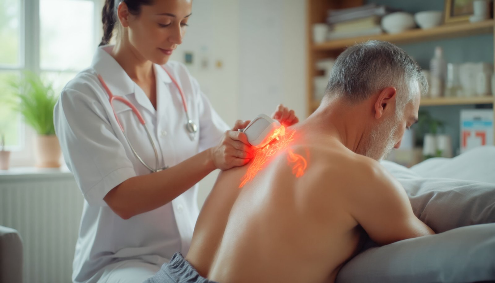 Senior man improving circulation with red light therapy