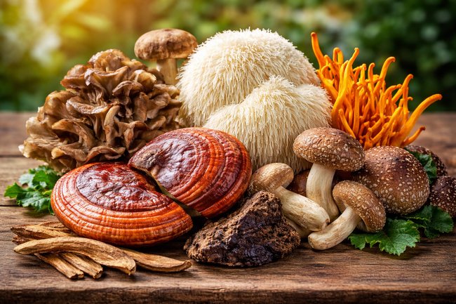 Photo showing a group of mushrooms relating to medicinal mushrooms.