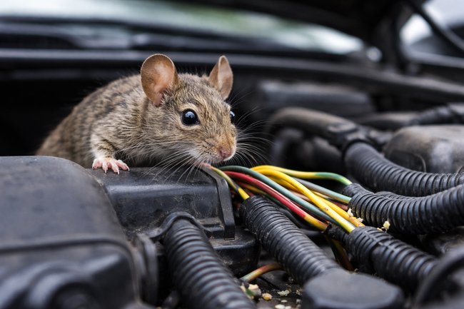 Mouse looking at some multi colored wires in a car engine