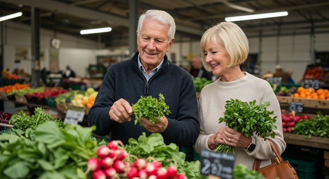 Mature couple shopping for vegetables in Pam Rumley's World