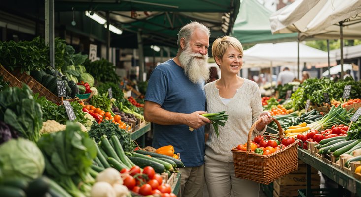 Mature couple shopping in a vegetable market in Pam Rumley's World