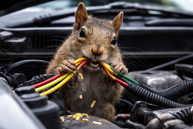 Photo of a Squirrel eating multi colored wires in an engine related to wires made with soybeans