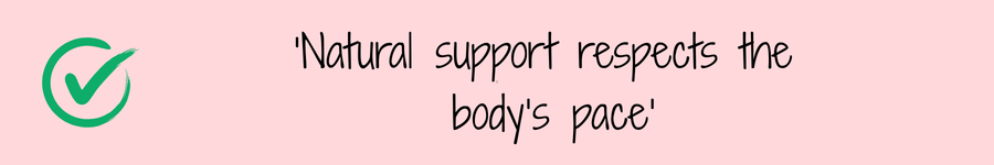 Photo showing a quote 'natural support respects the body's pace' related to natural health