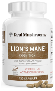 Bottle of Lion's Mane Mushroom Supplements in pam Rumley's world