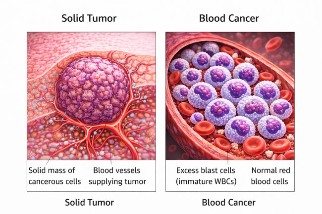 Side by Side comparison of a Malignant Tumor and Blood Cancer cells