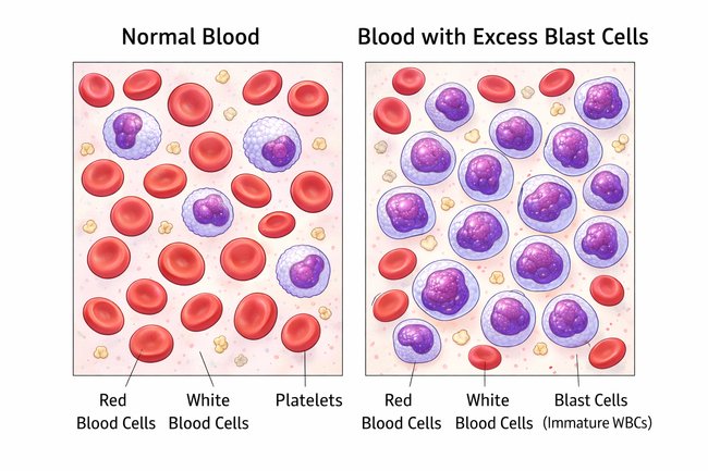 Side by Side comparison of normal blood cells and blood cells with cancer i
