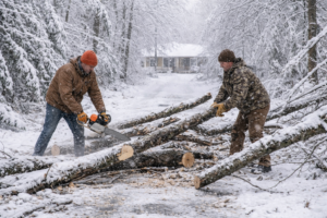 Photo showing men clearing trees from a driveway related to self-sufficient living.