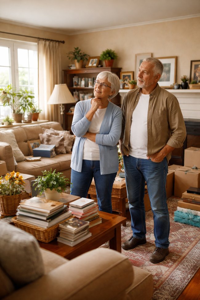 Photo showing a couple standing in the living room related to downsizing.