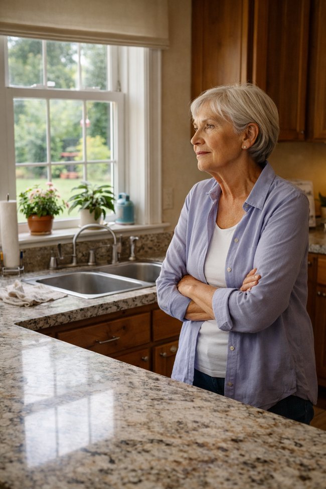 Photo showing a woman standing in her kitchen relating to downsizing.