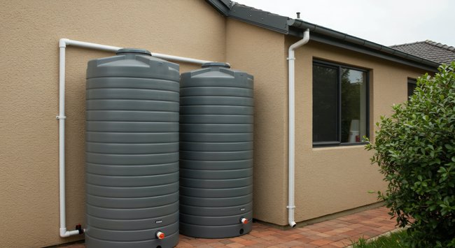 Photo showing large water tanks behind a house relating to a self-sufficient lifestyle