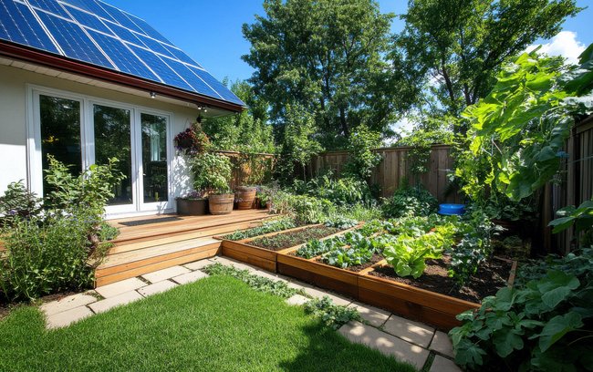 Photo showing a self-sufficient backyard with solar panels and raised bed gardens related to a simple self sufficient lifestyle.