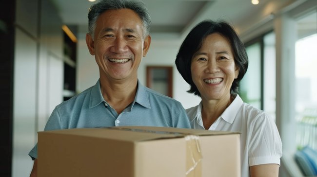 Photo showing happy couple boxing up to move related to senior downsizing