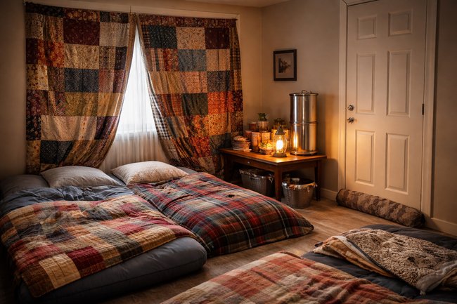 Photo showing a room that is prepared for a winter power outage.