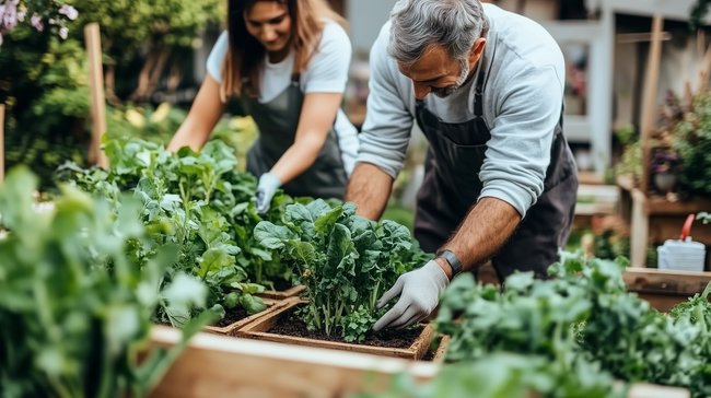Photo showing a couple of people working in their garden boxes related to simple self-sufficient living.