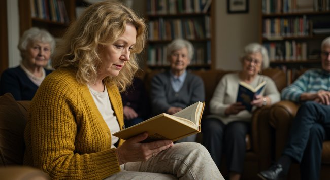 Photo showing a senior book club relating to aging well at home.