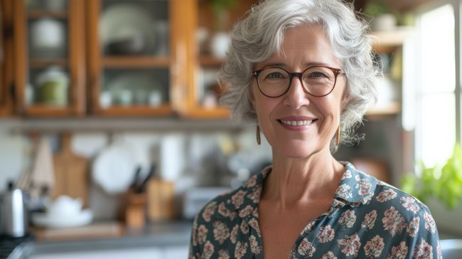 Photo showing mature woman standing in the kitchen of her new home related to senior downsizing