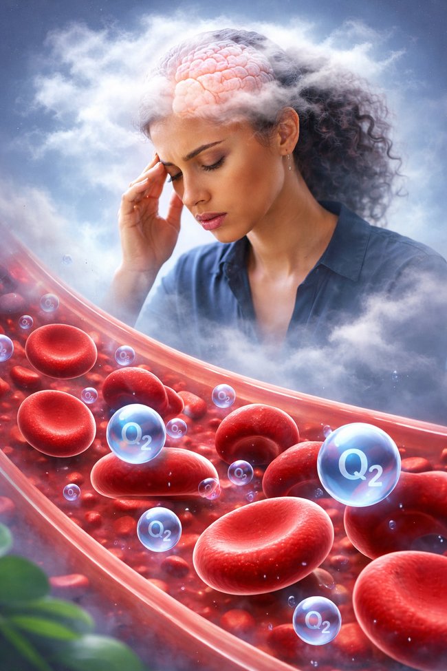 Photo showing a woman with obvious brain fog related to oxygen delivery.