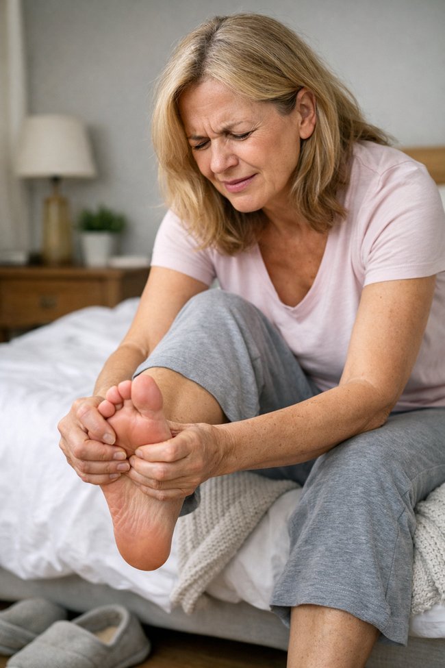 Photo showing woman with obvious foot cramps related to low magnesium symptoms