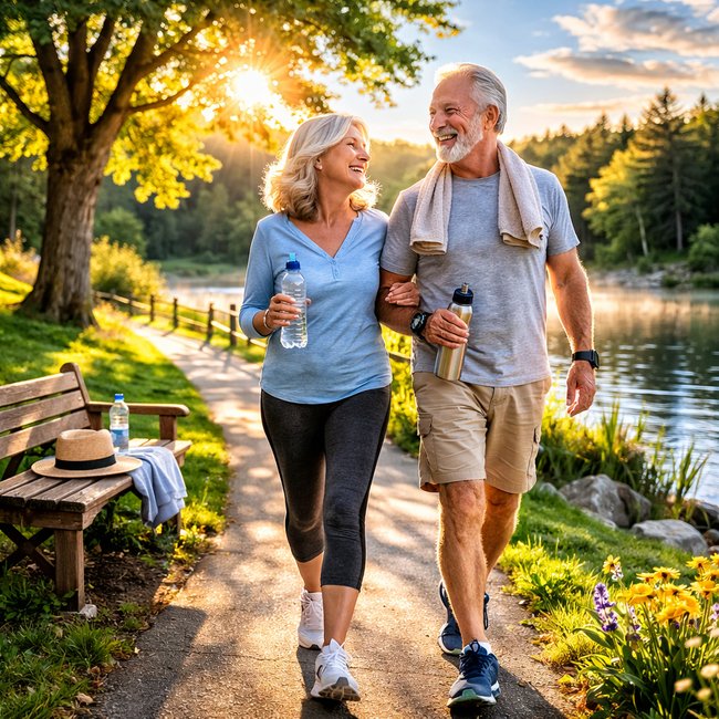 Photo showing a healthy couple walking in the park related to oxygen delivery after 50.