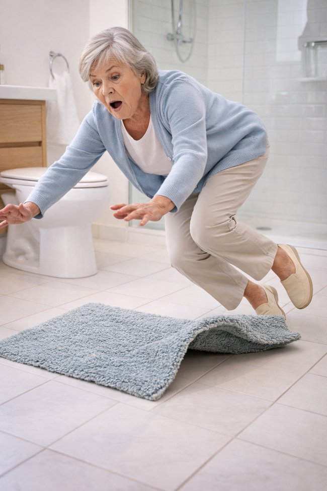 Photo showing a senior woman falling over a throw rug related to fall prevention.