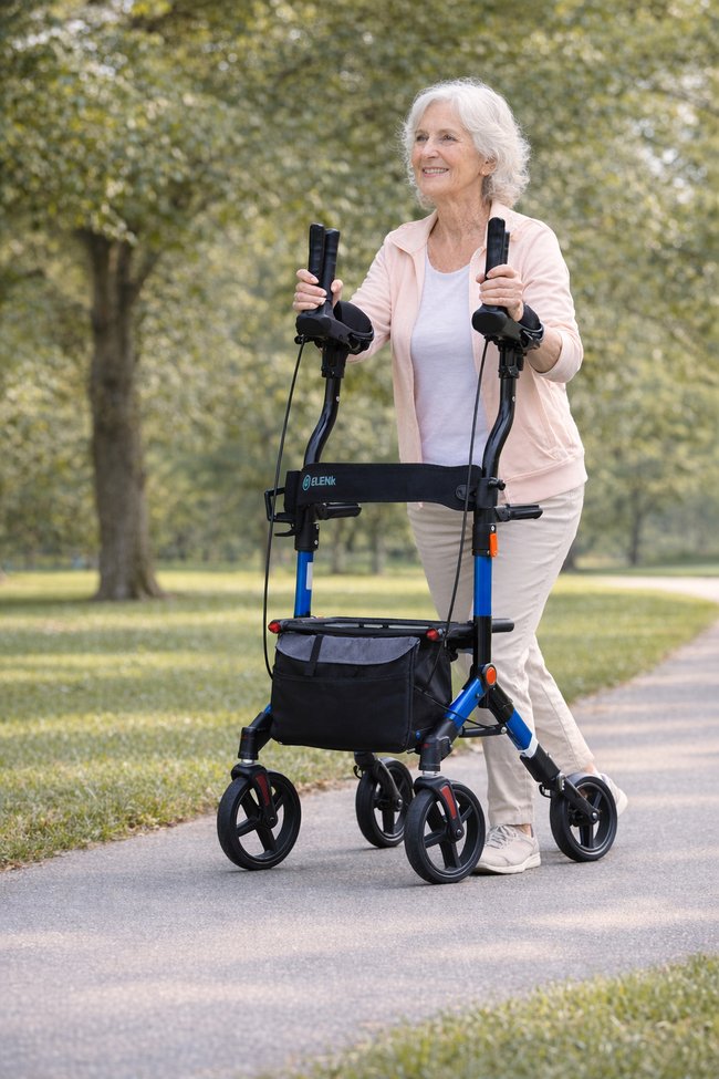 Photo showing a woman walking with the help of a tall rollator with armrest support relating to Walking aids.
