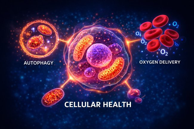 Illustration of cellular health showing autophagy, mitochondria, and oxygen delivery through red blood cells.