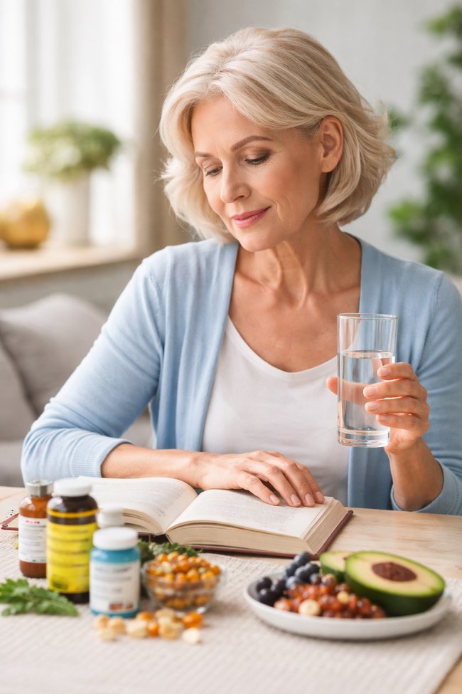 Mature woman reading at a kitchen table with supplements and healthy foods that support brain health and circulation after 50